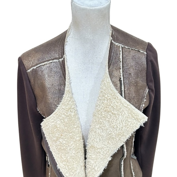 G by Giuliani metallic Brown Shearling zip up moto Jacket Ponte knit size large - Picture 4 of 13